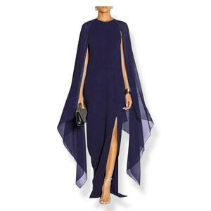 Evening Gown Chiffon Cape Sleeve Maxi Dress Slit Dark Blue Size Large NWOT